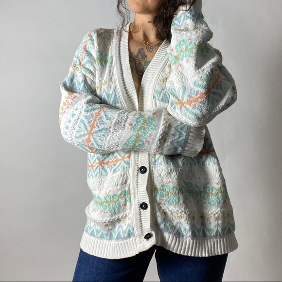 Vintage Sweaters - VINTAGE 80s Cotton Pastel V-Neck Heavy Cardigan